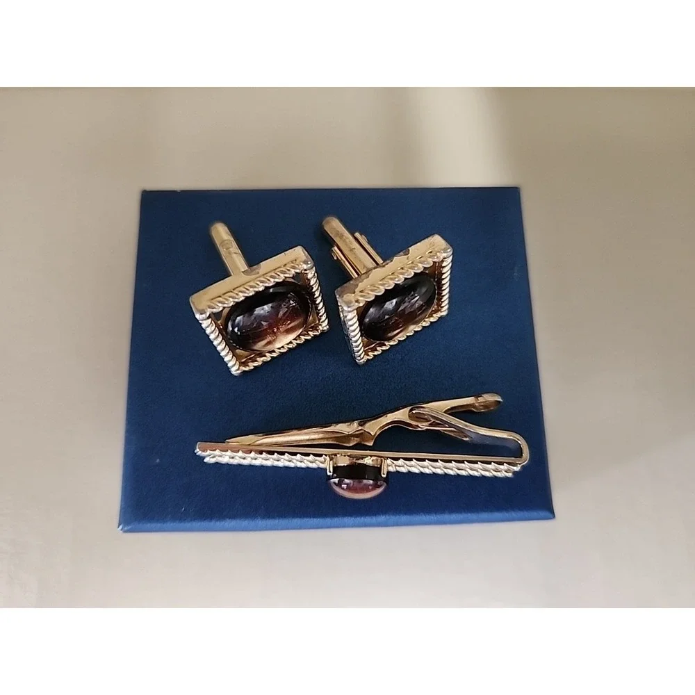 Vintage Cat's Eye Cufflinks & Tie Bar Set Retro Cool Square/Rectangle Gold Tone